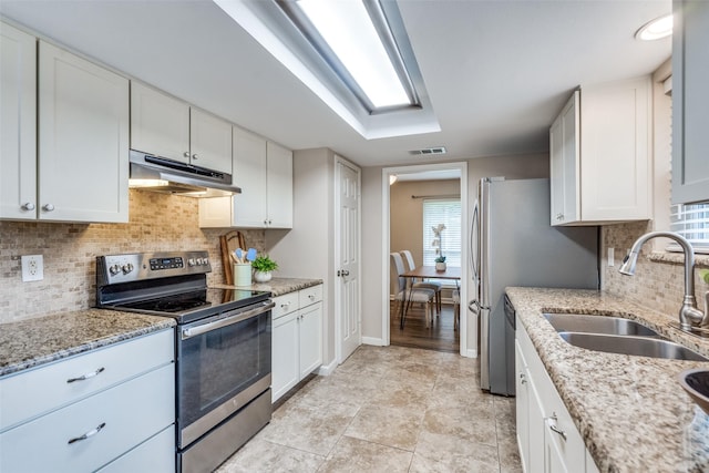 8688 Grenadier Ct, Dallas, TX 75238 - kitchen featuring stainless steel range with electric stovetop, under cabinet range hood, white cabinets, and light stone countertops