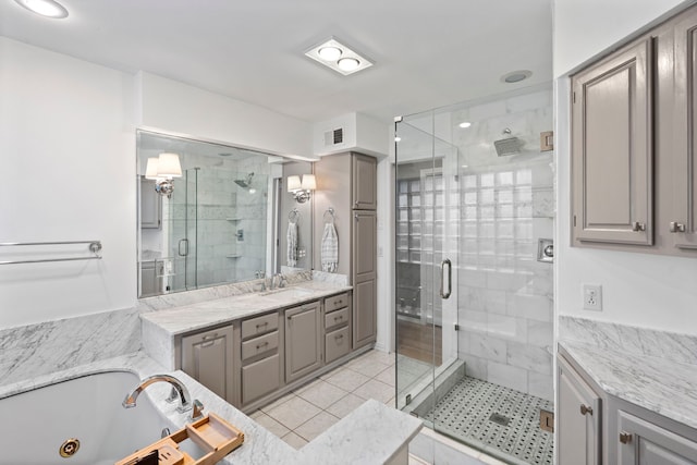 7845 Blackbird Ln, Dallas, TX 75238 - full bathroom featuring a shower stall, vanity, a tub with jets, tile patterned flooring, and recessed lighting