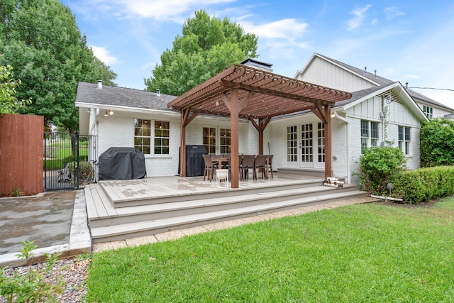 7845 Blackbird Ln, Dallas, TX 75238 - back of property with french doors, a pergola, a wooden deck, brick siding, and outdoor dining space