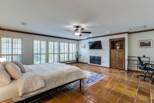 1507 Abrams Rd, Dallas, TX 75214 - bedroom with ornamental molding, recessed lighting, tile patterned flooring, and a ceiling fan