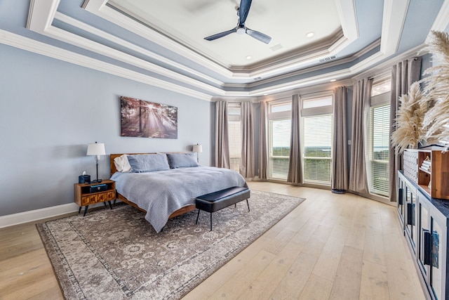 8800 Summit Point Ct, Fort Worth, TX 76179 - bedroom featuring a raised ceiling, ornamental molding, access to exterior, light wood-type flooring, and ceiling fan