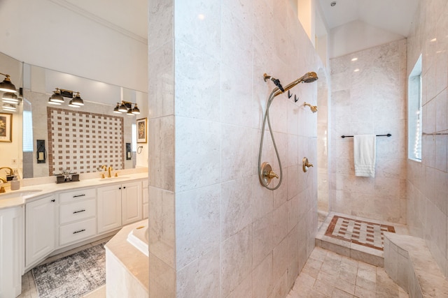 8800 Summit Point Ct, Fort Worth, TX 76179 - bathroom featuring walk in shower, double vanity, and vaulted ceiling