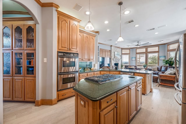 8800 Summit Point Ct, Fort Worth, TX 76179 - kitchen with appliances with stainless steel finishes, a peninsula, light wood-type flooring, open floor plan, and a kitchen island