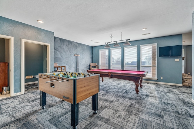 8800 Summit Point Ct, Fort Worth, TX 76179 - playroom with carpet floors, pool table, a textured ceiling, and recessed lighting