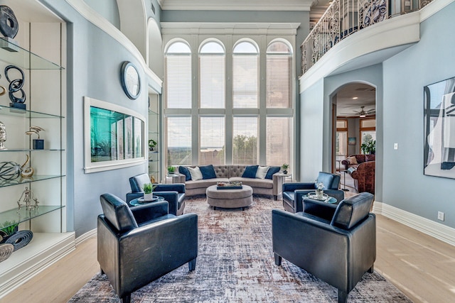 8800 Summit Point Ct, Fort Worth, TX 76179 - living area featuring a towering ceiling, wood finished floors, plenty of natural light, ceiling fan, and ornamental molding