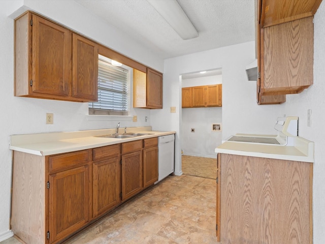 713 Brookhaven Dr, Royse City, TX 75189 - kitchen featuring dishwasher, range, brown cabinetry, light countertops, and wall chimney exhaust hood