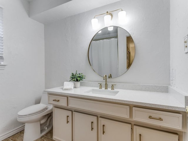 417 Merriman Dr, Highland Village, TX 75077 - full bath featuring vanity, a textured wall, tile patterned flooring, and a shower with shower curtain