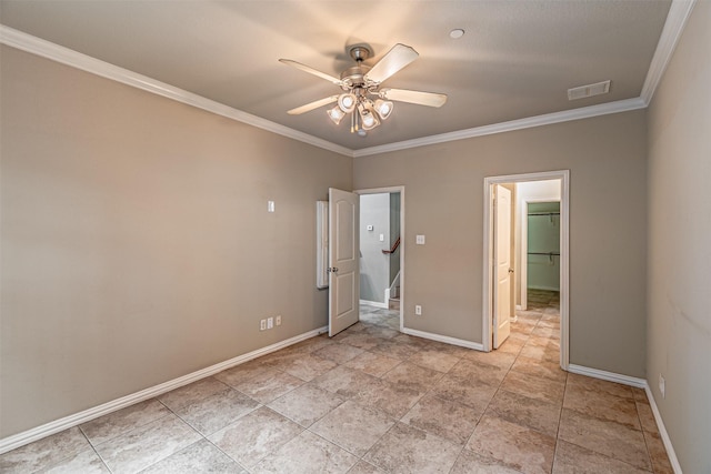 2268 Fletcher Trl, Plano, TX 75025 - unfurnished bedroom with ornamental molding, a walk in closet, a ceiling fan, and a closet