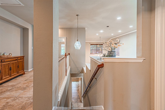 2268 Fletcher Trl, Plano, TX 75025 - stairway with recessed lighting, stone tile floors, and ornamental molding