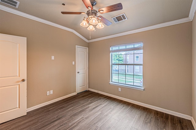 2268 Fletcher Trl, Plano, TX 75025 - spare room with wood finished floors, ornamental molding, a ceiling fan, and lofted ceiling