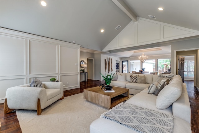 6404 Camille Ave, Dallas, TX 75252 - living room with a chandelier, wood finished floors, high vaulted ceiling, beam ceiling, and a decorative wall