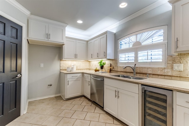 6404 Camille Ave, Dallas, TX 75252 - kitchen with beverage cooler, stainless steel dishwasher, light countertops, decorative backsplash, and recessed lighting