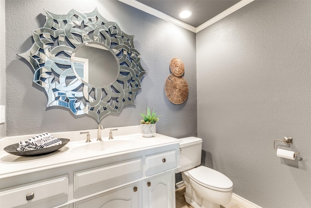 6404 Camille Ave, Dallas, TX 75252 - bathroom featuring ornamental molding, a textured wall, and vanity