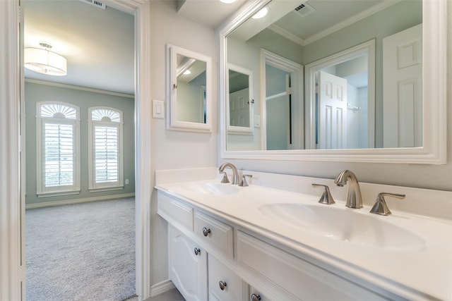 6404 Camille Ave, Dallas, TX 75252 - bathroom with crown molding and double vanity