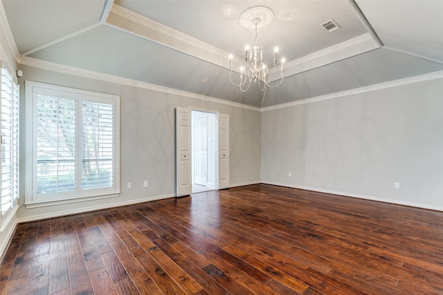 6404 Camille Ave, Dallas, TX 75252 - spare room with a chandelier, healthy amount of natural light, lofted ceiling, dark wood-style flooring, and crown molding