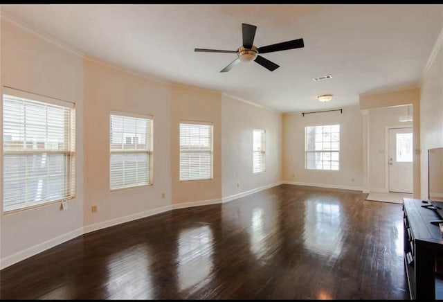 825 W 12th St, Dallas, TX 75208 - unfurnished living room featuring ornamental molding, wood finished floors, and ceiling fan