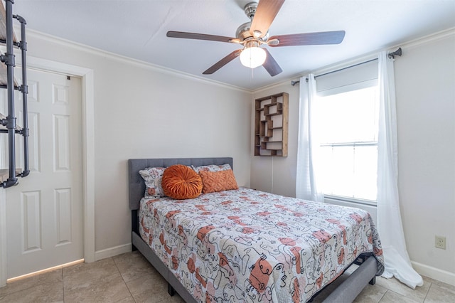 825 W 12th St, Dallas, TX 75208 - bedroom featuring light tile patterned flooring, crown molding, and a ceiling fan