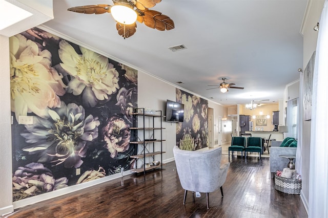 825 W 12th St, Dallas, TX 75208 - living room with a ceiling fan, crown molding, and wood finished floors