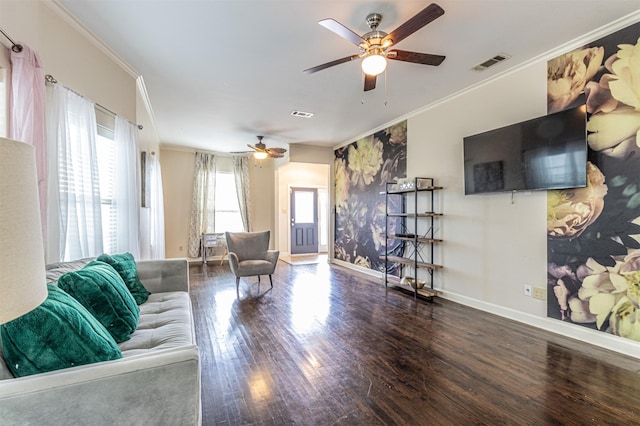 825 W 12th St, Dallas, TX 75208 - living room featuring a ceiling fan, ornamental molding, and wood finished floors
