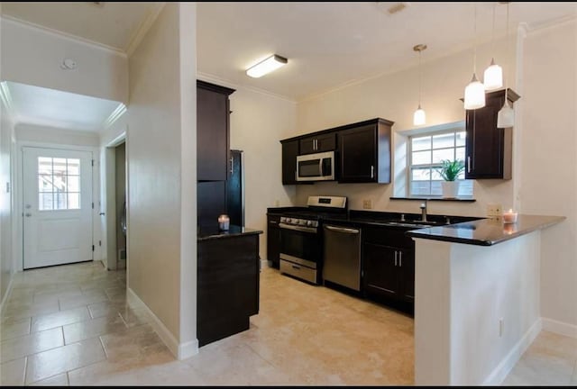 825 W 12th St, Dallas, TX 75208 - kitchen featuring appliances with stainless steel finishes, ornamental molding, healthy amount of natural light, dark countertops, and a peninsula