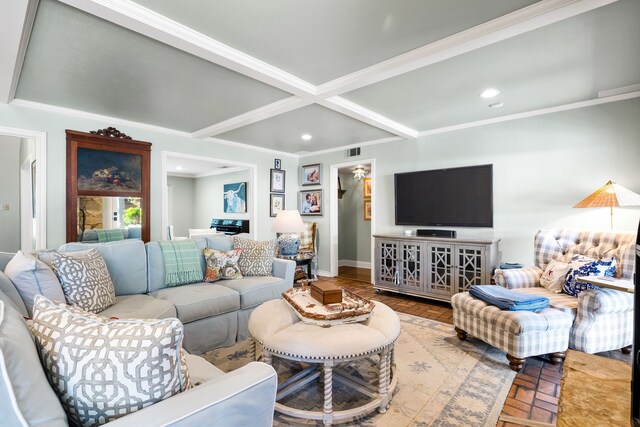 7120 Leameadow Dr, Dallas, TX 75248 - living room with recessed lighting, crown molding, and beam ceiling