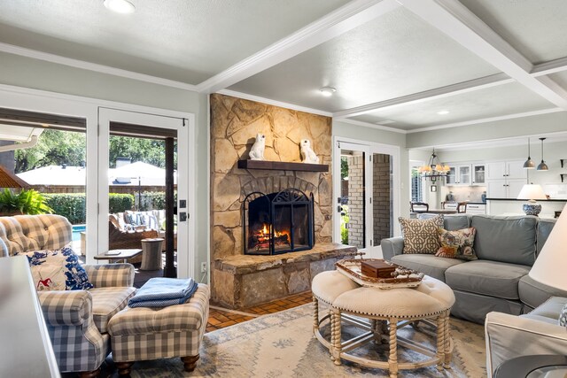 7120 Leameadow Dr, Dallas, TX 75248 - living room with a stone fireplace, recessed lighting, and ornamental molding