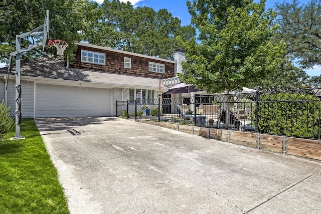 7120 Leameadow Dr, Dallas, TX 75248 - view of front of property featuring driveway, a garage, roof with shingles, brick siding, and a chimney