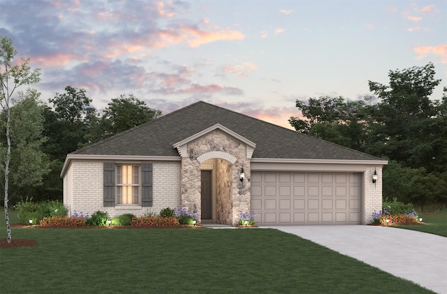 2009 Starling St, Princeton, TX 75407 - view of front of home with concrete driveway, brick siding, an attached garage, and a yard