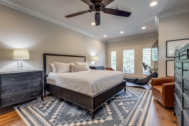 137 White Dove Trl, Denison, TX 75020 - bedroom with wood finished floors, recessed lighting, ornamental molding, and ceiling fan