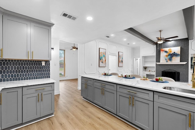 2258 Valley, Carrollton, TX 75006 - kitchen with gray cabinetry, a ceiling fan, light wood-style floors, and recessed lighting