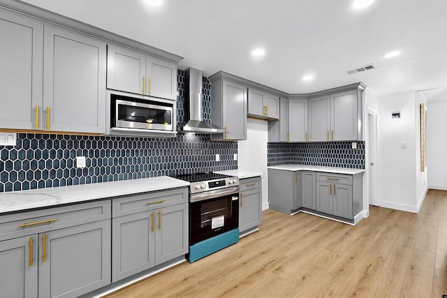 2258 Valley, Carrollton, TX 75006 - kitchen featuring stainless steel appliances, gray cabinetry, wall chimney exhaust hood, light wood-type flooring, and tasteful backsplash