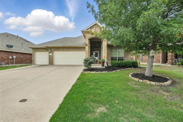 14049 Wrangler Way, Haslet, TX 76052 - view of front of house with an attached garage, driveway, a front yard, brick siding, and roof with shingles