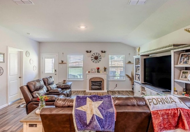 421 Atmore St, Azle, TX 76020 - living room featuring wood finished floors, plenty of natural light, a fireplace, and lofted ceiling
