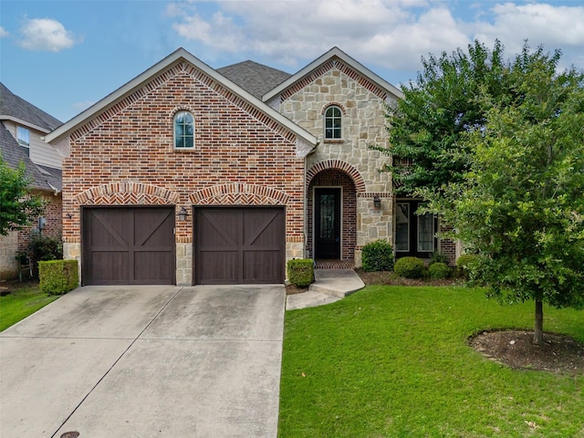 7804 Rocky Mountain Ln, Mckinney, TX 75070 - french provincial home with stone siding, driveway, a front yard, and brick siding