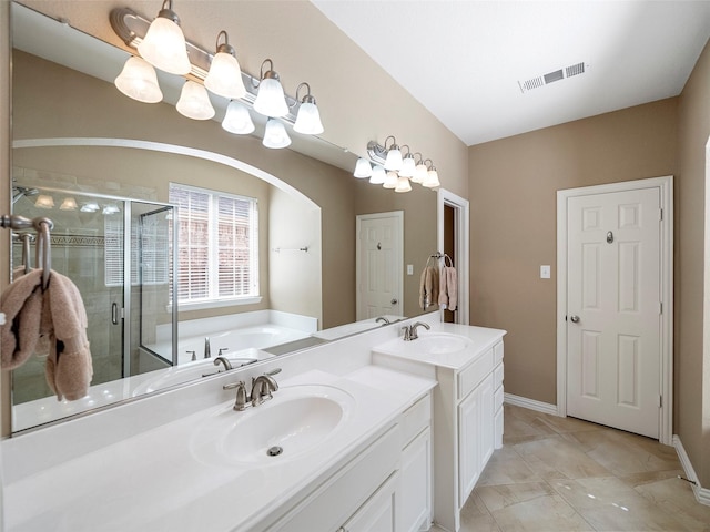 7804 Rocky Mountain Ln, Mckinney, TX 75070 - full bath featuring vanity, a shower stall, a bath, and a chandelier
