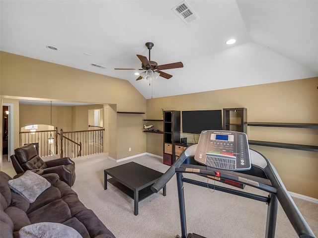 7804 Rocky Mountain Ln, Mckinney, TX 75070 - carpeted living area with lofted ceiling, ceiling fan, and recessed lighting
