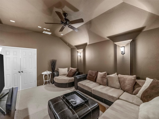 7804 Rocky Mountain Ln, Mckinney, TX 75070 - cinema with lofted ceiling, a ceiling fan, and carpet flooring