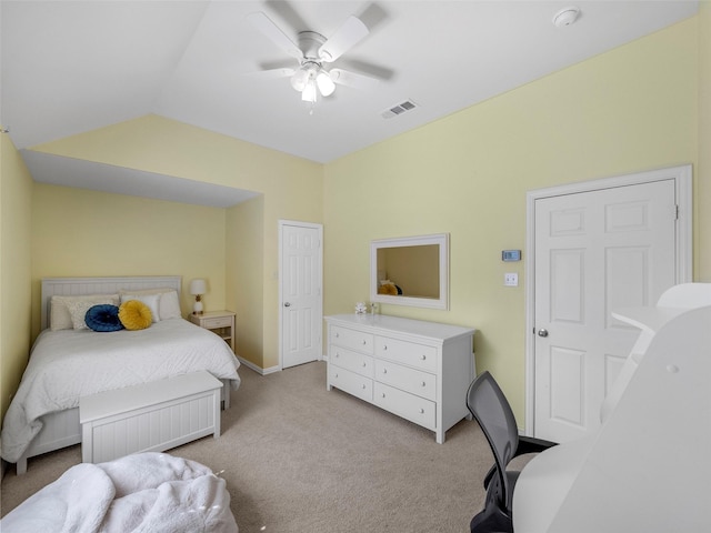7804 Rocky Mountain Ln, Mckinney, TX 75070 - bedroom featuring light colored carpet, vaulted ceiling, ceiling fan, and an office area