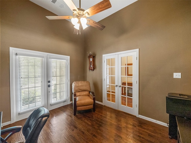 7804 Rocky Mountain Ln, Mckinney, TX 75070 - home office featuring french doors, ceiling fan, wood finished floors, healthy amount of natural light, and a towering ceiling