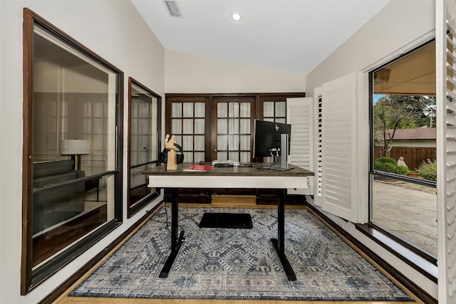 2425 Northgate Dr W, Irving, TX 75062 - office space with lofted ceiling, french doors, wood finished floors, and recessed lighting