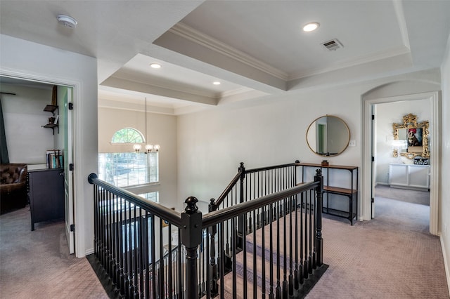 1404 Settlers Ct, Allen, TX 75002 - hall with carpet flooring, an upstairs landing, a chandelier, crown molding, and a raised ceiling