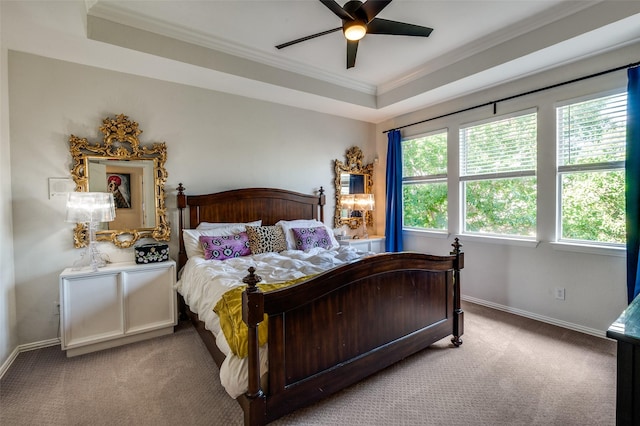 1404 Settlers Ct, Allen, TX 75002 - bedroom with carpet flooring, ornamental molding, a raised ceiling, and a ceiling fan