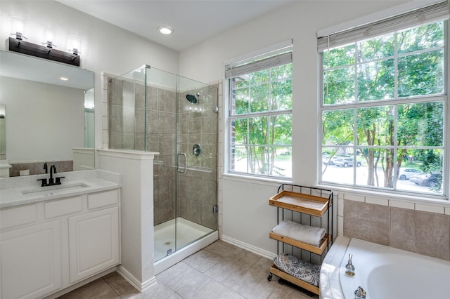 1404 Settlers Ct, Allen, TX 75002 - full bathroom with plenty of natural light, a shower stall, tile patterned floors, and vanity