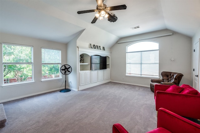 1404 Settlers Ct, Allen, TX 75002 - sitting room featuring vaulted ceiling, carpet flooring, and ceiling fan