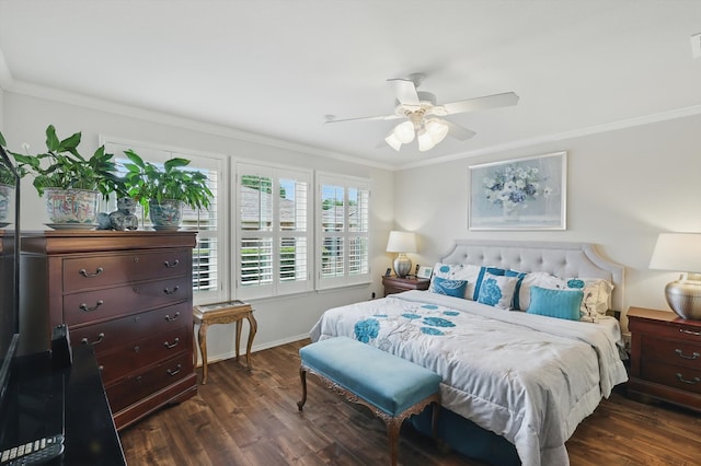 7972 Tatum Dr, Frisco, TX 75036 - bedroom with ornamental molding, dark wood-type flooring, and a ceiling fan