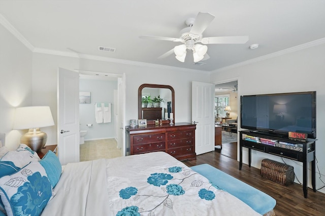 7972 Tatum Dr, Frisco, TX 75036 - bedroom featuring ornamental molding, wood finished floors, a ceiling fan, and connected bathroom