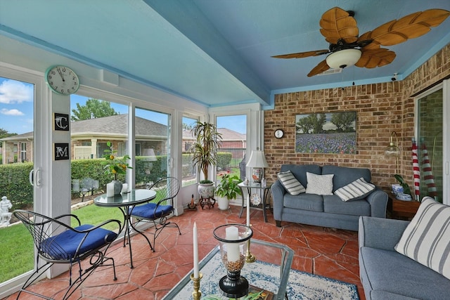7972 Tatum Dr, Frisco, TX 75036 - sunroom / solarium with an outdoor hangout area, brick wall, and ceiling fan