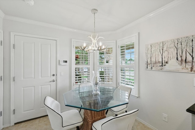 7972 Tatum Dr, Frisco, TX 75036 - dining room with a chandelier, ornamental molding, and light tile patterned flooring