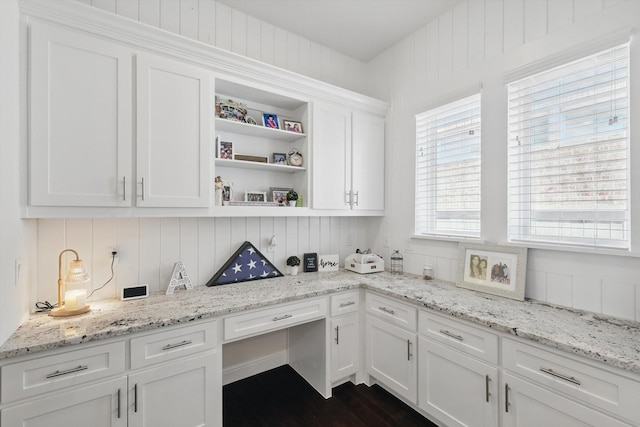 1208 S Pecan Pkwy, Northlake, TX 76247 - kitchen featuring white cabinets, open shelves, dark wood-type flooring, and light stone counters