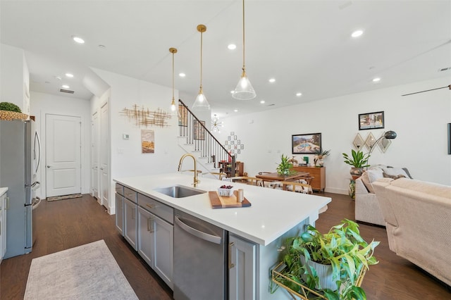 1078 Maverick Dr, Allen, TX 75013 - kitchen featuring dishwasher, freestanding refrigerator, open floor plan, gray cabinets, and light countertops